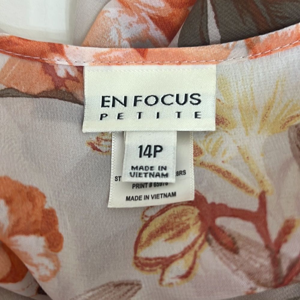 Enfocus Dress Size 14P V Neck Floral Long Sleeve Sheer Lined Skirt Elastic Waist - Picture 9 of 11